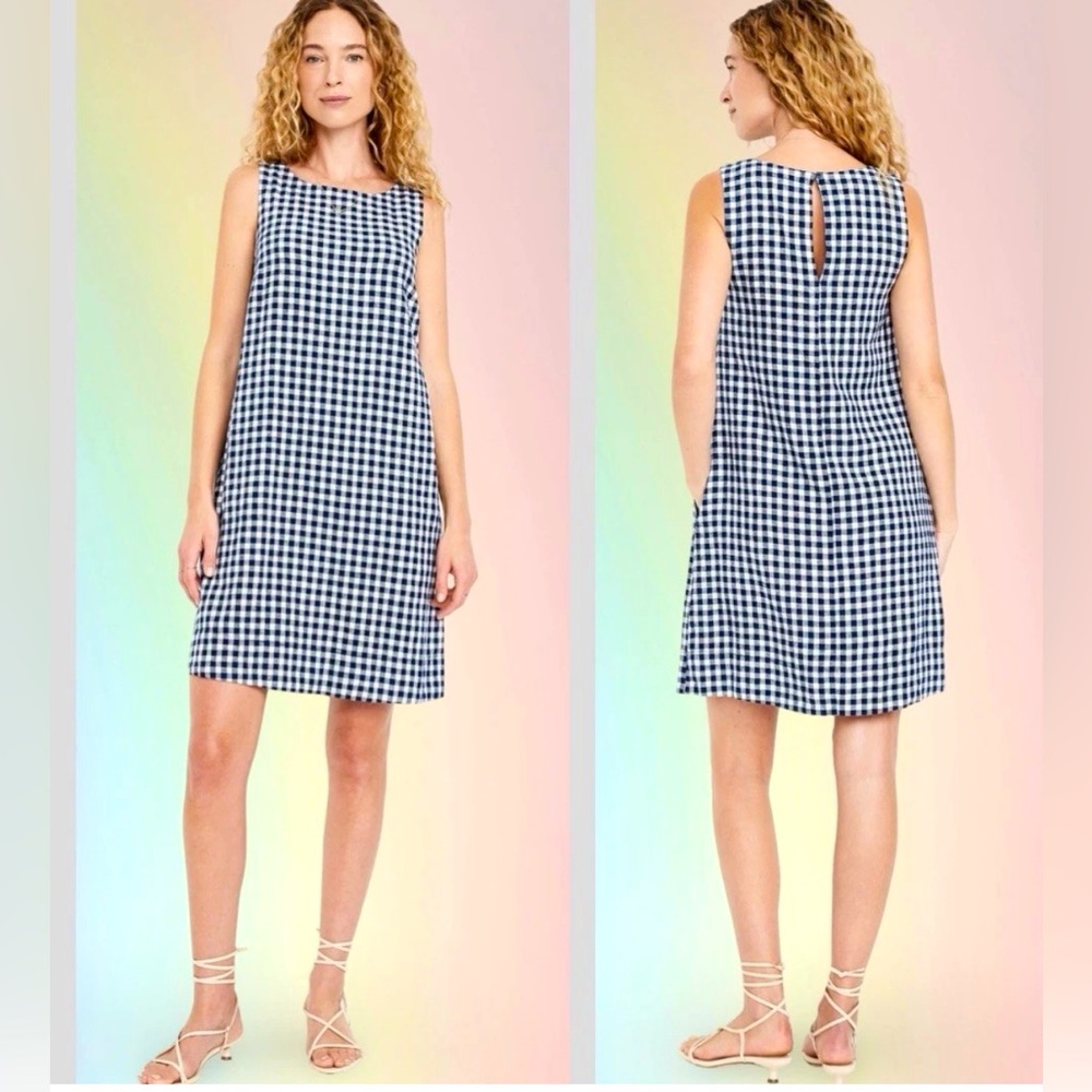 NWTSđGAP OLD NAVY XLđSLEEVELESS BOATNECK LINEN BLUE GINGHAM DRESS KEYHOLE BACK - Picture 2 of 15